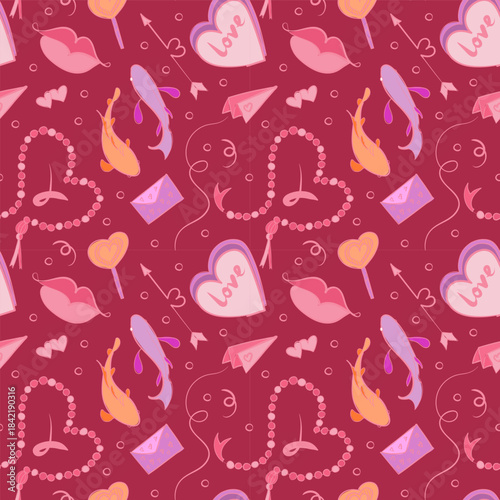 Seamless pattern with adorable Valentine doodles: hearts, gifts, arrows, and romantic icons. Playful hand-drawn style for wrapping paper, textiles, wallpapers, and holiday backgrounds.