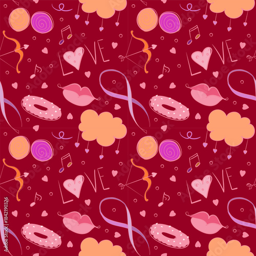 Seamless pattern with adorable Valentine doodles: hearts, gifts, arrows, and romantic icons. Playful hand-drawn style for wrapping paper, textiles, wallpapers, and holiday backgrounds.