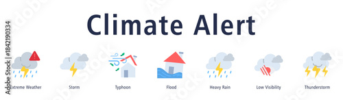 Climate Alert web banner icon vector illustration with icons of Extreme Weather, Storm, Typhoon, Flood, Heavy Rain, Low Visibility, and Thunderstorm.