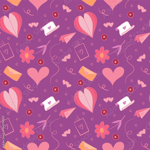 Seamless pattern with adorable Valentine doodles: hearts, gifts, arrows, and romantic icons. Playful hand-drawn style for wrapping paper, textiles, wallpapers, and holiday backgrounds.