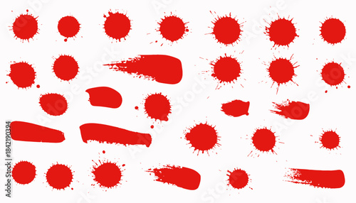 A collection of various red splatters and brush strokes in different sizes and shapes on a white background