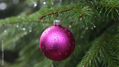 Vibrant Pink Christmas Ball Ornament on Wet Spruce Branch for Modern Holiday Aesthetic and Seasonal Marketing.