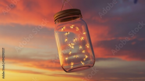 Enchanted Fireflies Glowing in a Mason Jar at Sunset, Capturing Summer Magic and Hope Concept.
