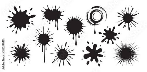 Assortment of black ink blots, paint splatters, dripping shapes, and dynamic spirals isolated on white
