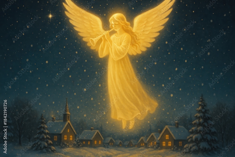 Naklejka premium Celestial angel over snowy village.