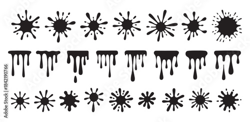 Set of black ink splash, blot and drip collection, paint splatter stain, liquid drops, abstract paint blob