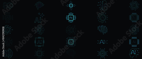 Discover a versatile collection of modern artificial intelligence icons representing AI brain and chip technology concepts.