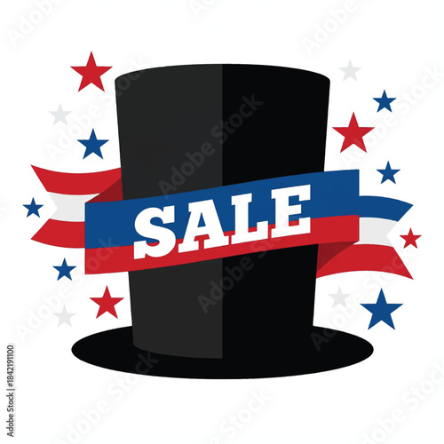 Top hat with bold sale banner and stars decoration.