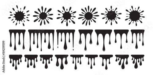 Set of black ink splash blot and drip collection, paint splatter stain liquid drops, abstract paint blob