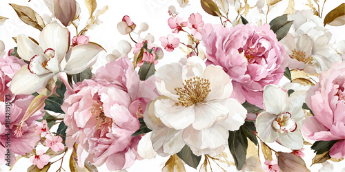 Soft pastel floral arrangement with delicate pink and white peonies and roses