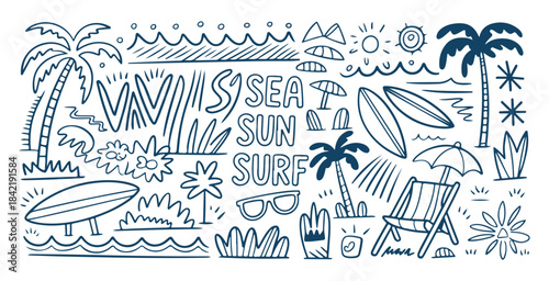 Summer beach doodle set with palm trees surfboards umbrella sun and text sea sun surf vector illustration