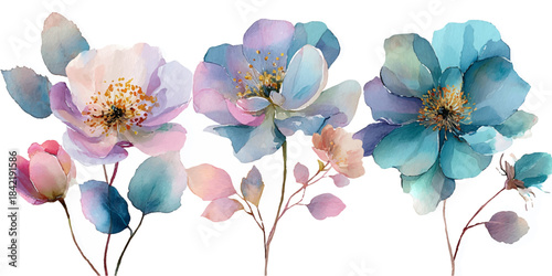 Three delicate watercolor flowers in soft pastel shades of pink blue and purple