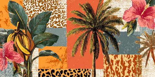 Vibrant tropical collage featuring palm trees hibiscus flowers and animal print patterns