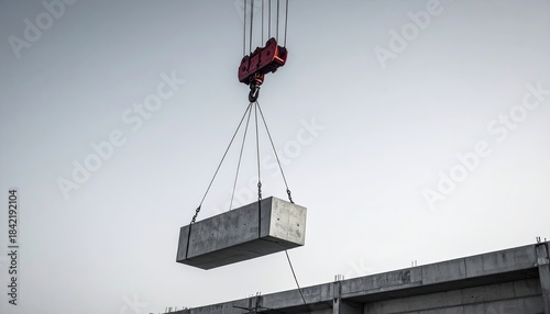 A crane lifting a large rectangular concrete block against a hazy, overcast sky