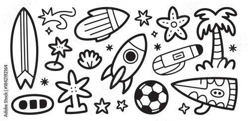 A collection of hand drawn doodles featuring various summer, ocean, and space themed illustrations on white background