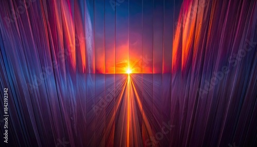 Geometric lines frame a vivid sunset, merging the sky's colors with structural elements