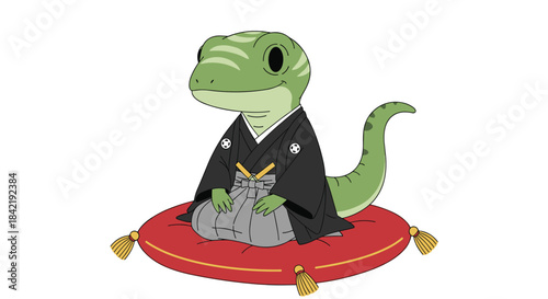 A cute cartoon green lizard wearing a traditional black and grey japanese hakama sitting politely on a red cushion.