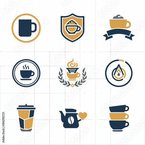 Coffee icons set cups beverages and related symbols