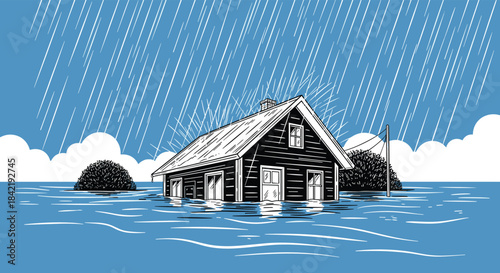 A stark black and white illustration of a lone house partially submerged in deep floodwaters during a torrential downpour.