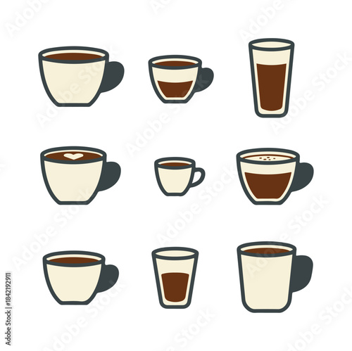 Variety of coffee beverages in different cups illustration