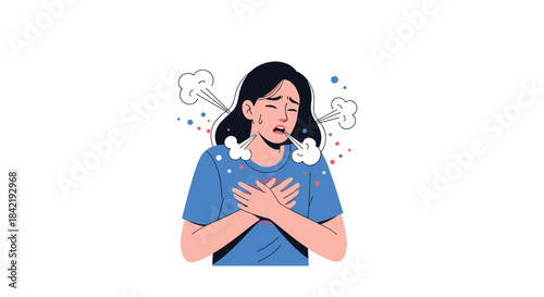A young woman clutching her chest experiences shortness of breath or a panic attack as depicted in a modern flat vector illustration.