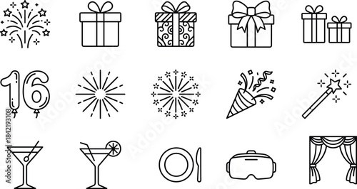 Celebration icons, party vector set, gift box, fireworks, cocktail, magic wand, entertainment symbols, black outline illustration
