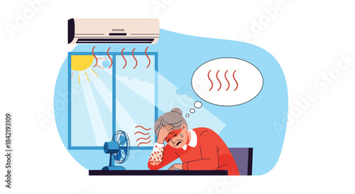 An elderly woman suffers from heatstroke indoors despite using a fan and air conditioning during a hot summer heat wave.