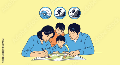 A concerned family gathers around a map to plan an emergency evacuation route for natural disasters like tsunamis and landslides.