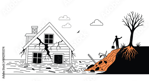 A conceptual black and white illustration depicting a man on an eroding cliff watching his cracked and flooded home being destroyed.