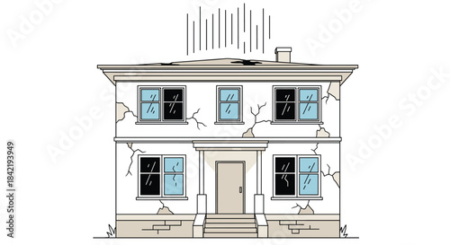 A simple line art illustration of an old two-story house in a state of disrepair with cracks and a damaged leaky roof.