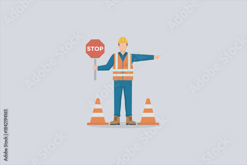 Flat illustration of a construction worker wearing safety gear, holding a stop sign and directing traffic between caution cones. Road safety, traffic control, and construction zone concept.