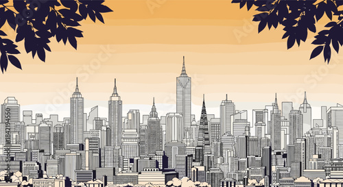 A detailed black and white illustration of a sprawling city skyline with numerous skyscrapers framed by tree leaves at sunset.