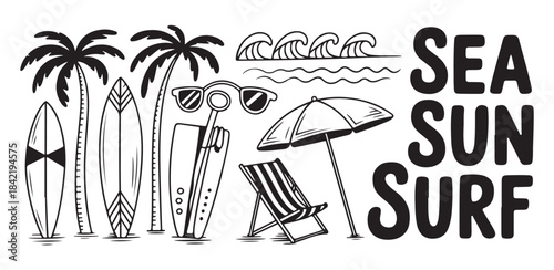 Summer beach elements set with surfboards palm trees sunglasses sun umbrella and lounge chair hand drawn