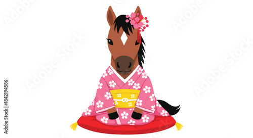 An adorable cartoon horse character wearing a traditional pink floral kimono while sitting politely for a Japanese New Year greeting.