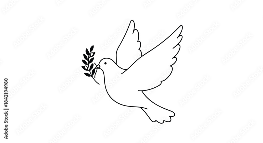 Fototapeta premium A simple black line art illustration of a flying dove holding an olive branch as a symbol of peace.