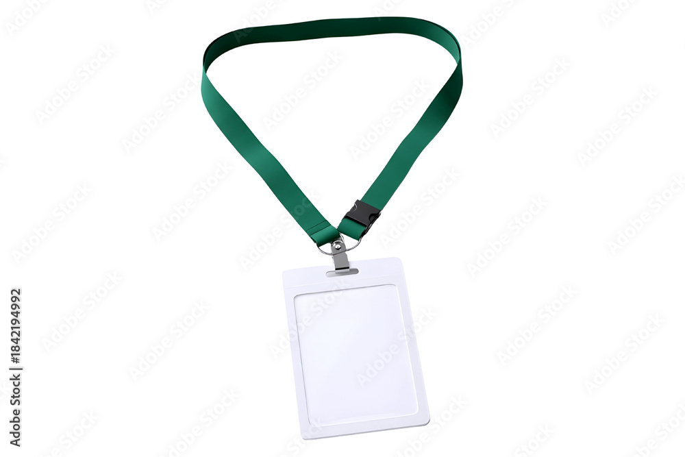 Fototapeta premium Blank white id card hanging on green lanyard isolated on transparent background