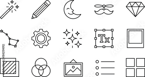 Graphic design icons, UI symbols, magic wand, pencil, moon, gear, constellation, frame, text box, vector outline set
