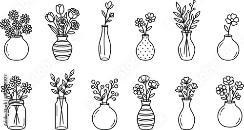 Flower vase icons, floral arrangement vector, bouquet in vases, decorative line art, botanical illustration, black outline set