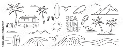 Minimalist summer vacation and surf themed line art collection black and white outline vector illustration set