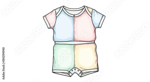 Colorful short sleep romper isolated on white background, featuring pastel patchwork design with soft fabric texture and playful style