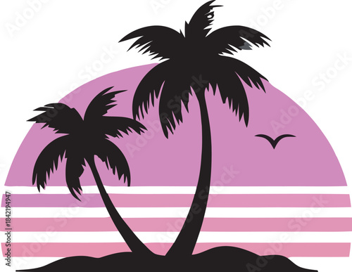 Tropical Landscape Vector with Mountains and Palm Trees
