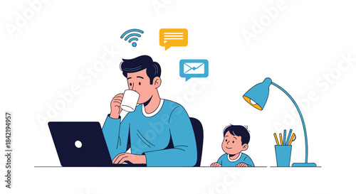 A father works from home on his laptop while his young son watches him in their modern home office.