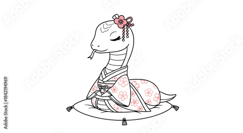 A black and white coloring page of an elegant female snake character dressed in a beautiful traditional japanese kimono.