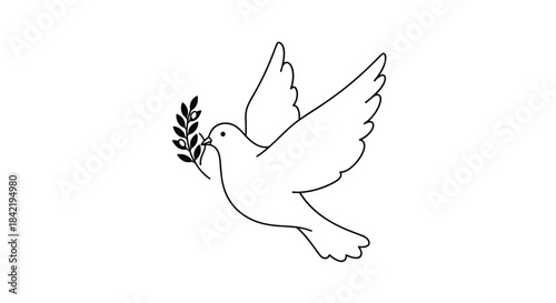 A simple black line art illustration of a flying dove holding an olive branch as a symbol of peace.