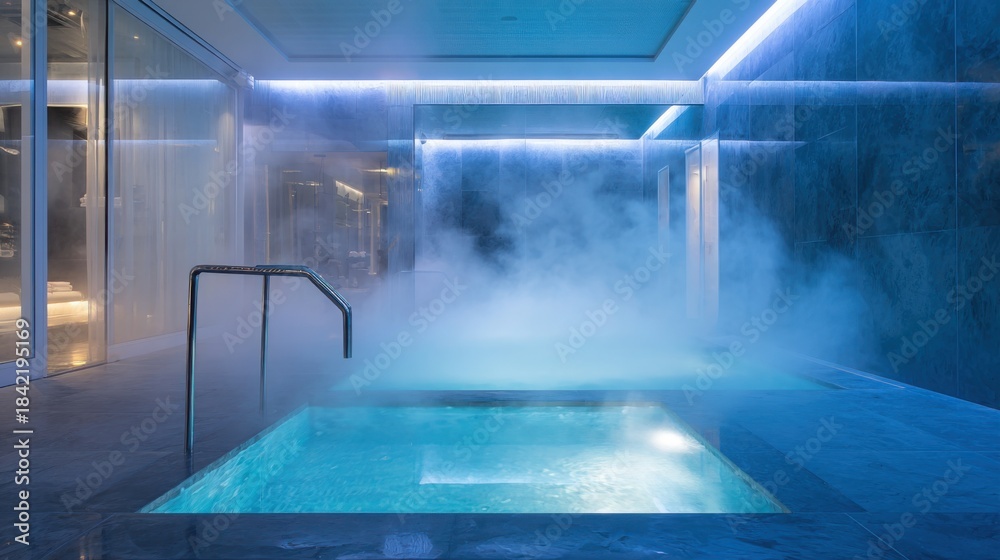 Obraz premium cold plunge pool indoors with soft blue lighting, steam mist, luxury spa mood, clean modern architecture