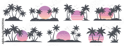 Palm Trees Silhouette Vector with Tropical Sunset and Mountains