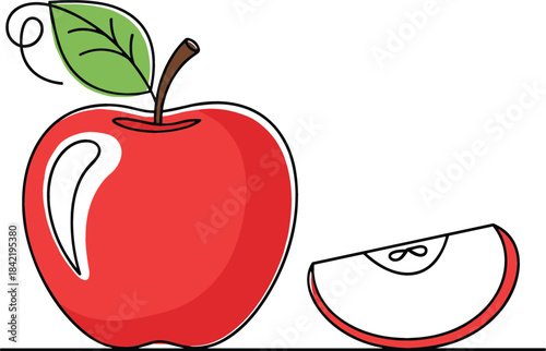 Continuous line drawing style vector illustration of a whole red apple fruit with a leaf and a separate sliced piece