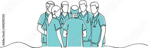 Continuous line-art vector illustration of a medical team meeting, featuring a group of doctors and nurses in scrubs discussing patient care