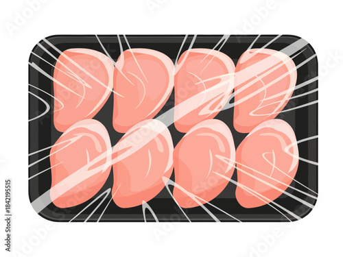 Eight raw pink chicken fillets are neatly arranged in two rows within a black supermarket tray, tightly sealed beneath a layer of gleaming, reflective plastic wrap