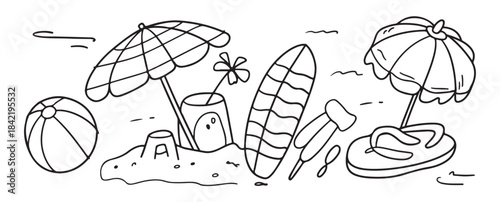 Beach essentials doodle collection, hand drawn summer vacation objects, seaside relaxation accessory vector set